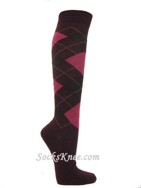 Maroon with dark brown hot pink Argyle knee socks - Click Image to Close