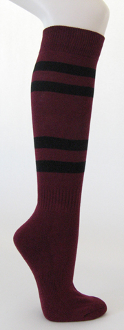 Maroon cotton knee socks with black stripes