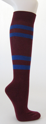 Maroon cotton knee socks with blue stripes