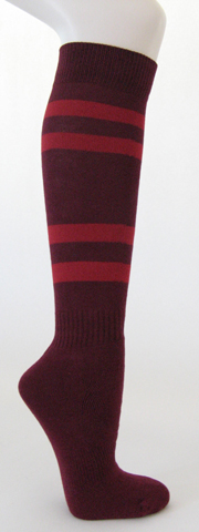 Maroon cotton knee socks with dark red stripes
