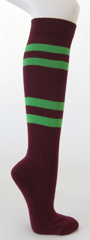 Maroon cotton knee socks with bright green stripes - Click Image to Close