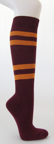 Maroon cotton knee socks with light orange stripes
