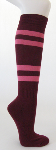 Maroon cotton knee socks with pink stripes