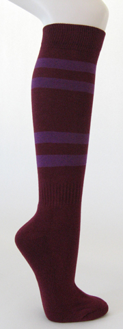 Maroon cotton knee socks with purple stripes