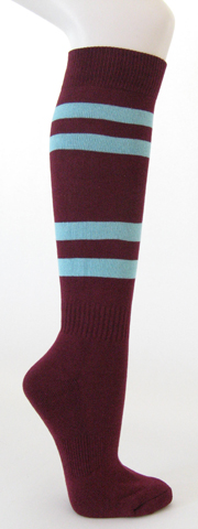 Maroon cotton knee socks with light sky blue stripes