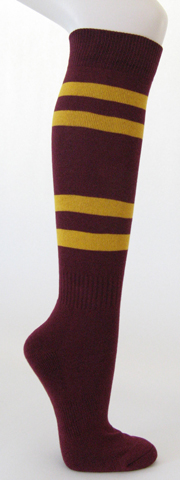 Maroon cotton knee socks with golden yellow stripes - Click Image to Close