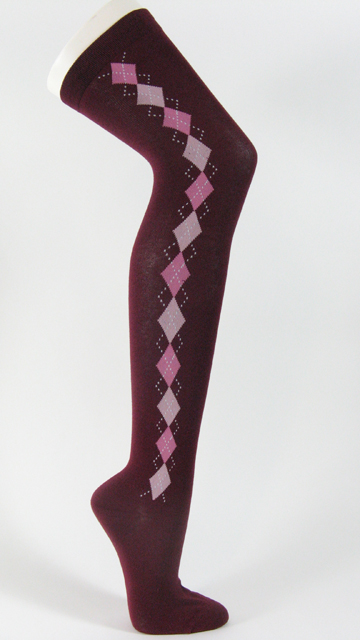 Maroon over knee argyle socks along the side - Click Image to Close