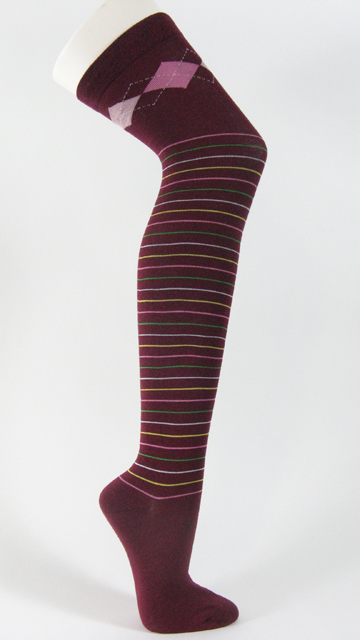 Maroon over knee socks argyle and striped