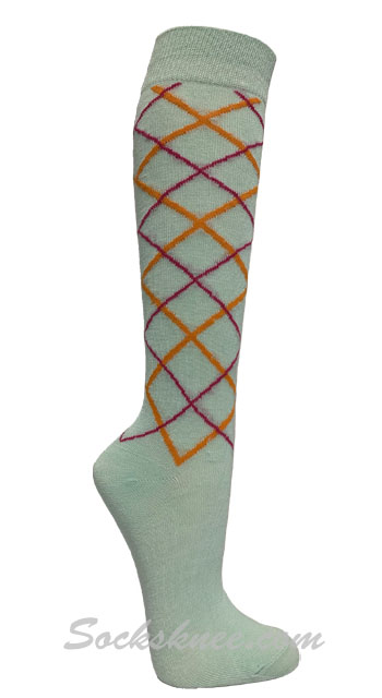 Mint with Pink / Orange Line Argyle Women knee High Socks