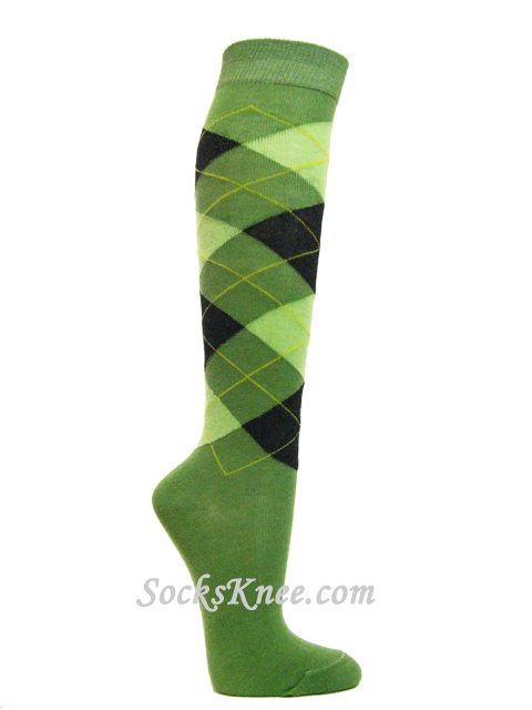 Moss green with lime green brown Argyle knee socks