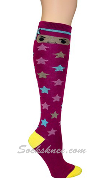 Purple Ninja Knee High Socks with Multi-Color Stars - Click Image to Close
