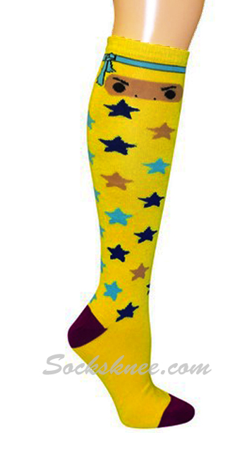 Yellow Ninja Knee High Socks with Multi-Color Stars - Click Image to Close