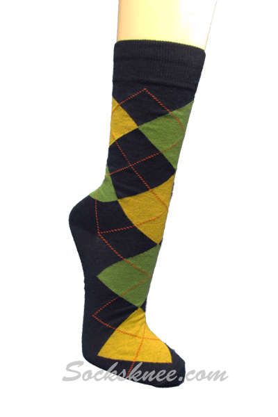 Navy Spring Green Mustard Argyle Mens Cotton MidCalf Dress socks