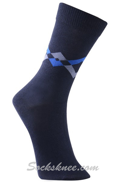 Navy Men's Diamond Link Cotton Blended Dress Socks - Click Image to Close