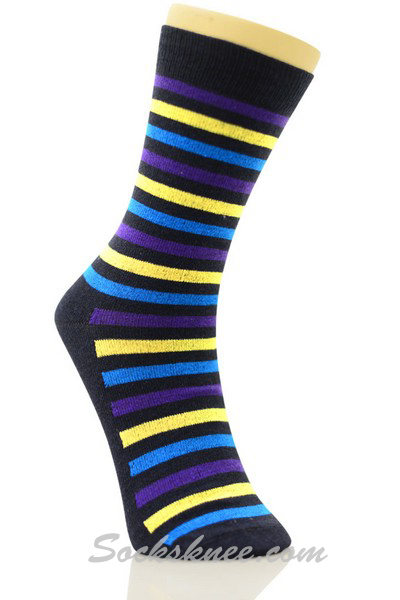 Navy Men's Purple Yellow Sky-blue Stripes Dress Socks