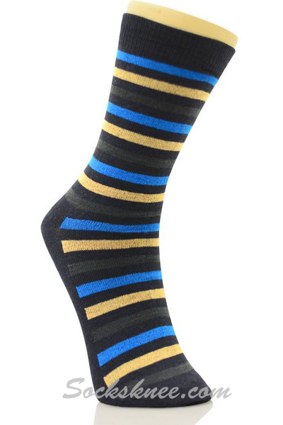 Navy Men's Sky-blue Yellow Charcoal Stripes Dress Socks