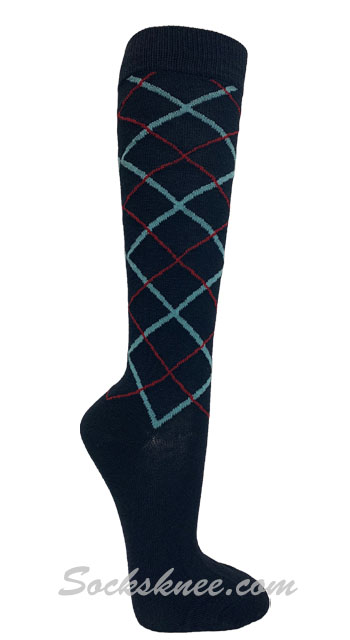 Navy with Red / Sky Line Argyle Women knee High Socks - Click Image to Close