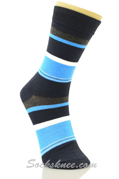Navy Sky-blue Charcoal Stripes Mens Cotton Dress Socks