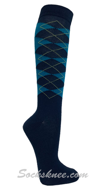Navy / Turquoise Argyle Women knee High Socks - Click Image to Close
