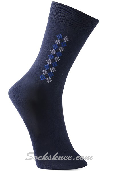 Men's Vertical Diamond Stripes Dress Socks - Navy - Click Image to Close