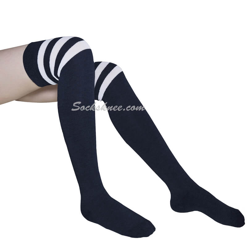 Navy with White Triple Stripes Women Cosplay Over Knee Socks - Click Image to Close