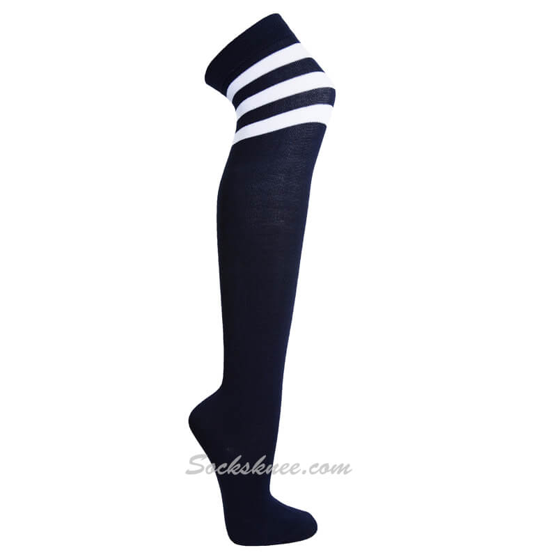 Navy with White Triple Stripes Women Cosplay Over Knee Socks
