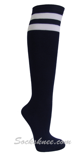 Navy and 2 White Stripes Knee High Socks for Women & Junior