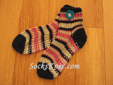 Navy Blue Pink Light Beige Knit Socks with Non-Skid Sole