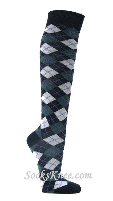 Navy Blue Teal White Argyle Knee Socks for Women