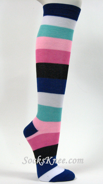 Navy Blue Wide Rainbow Stripe Womens High Knee Socks