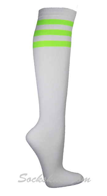White with Neon Green 3line Striped Womens Knee Socks