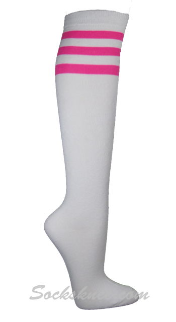 White and Neon Hot Pink striped women knee high Premium socks