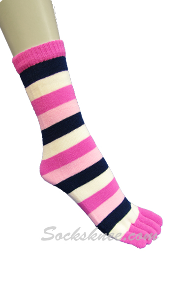 Neon Purple, White, Navy Women Mid-Calf Striped Toe Socks
