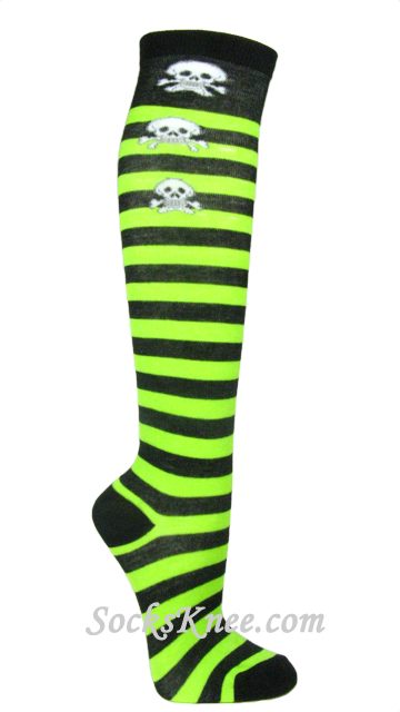 Neon Green/Black Striped Knee High Sock with Skull & Crossbones - Click Image to Close