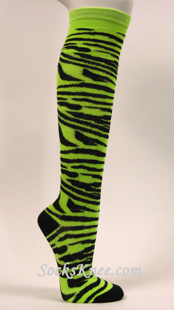 Neon Green Black Zebra Striped Women's High Knee Socks