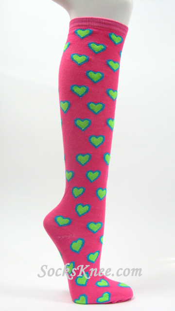 Neon Green Hearts design Hot/Bright Pink High Socks