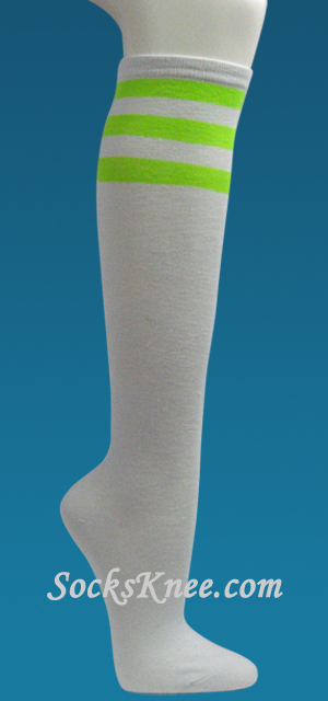 White with Neon Green 3line Striped Womens Knee Socks