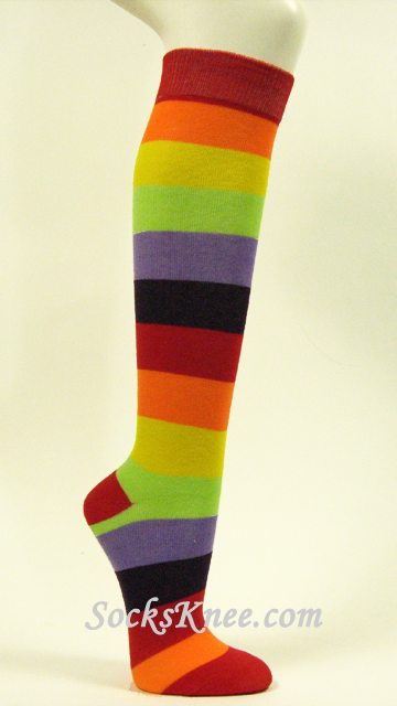 Neon Orange Wide Rainbow Stripe Womens High Knee Socks