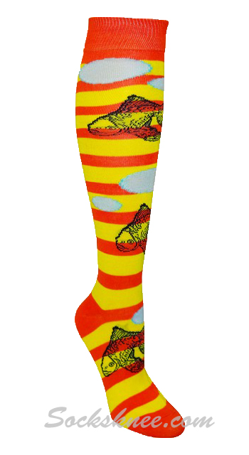 Orange Yellow Striped Women Fish Knee High Socks