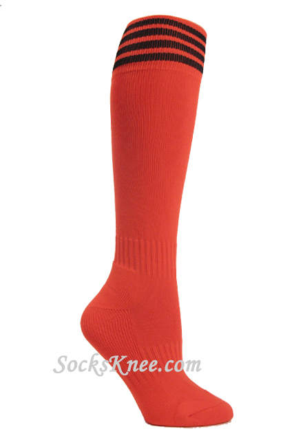 Dark orange youth Football/Sports knee socks w black stripes - Click Image to Close