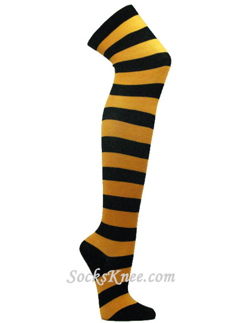 Black and Light Orange over knee wider striped socks - Click Image to Close