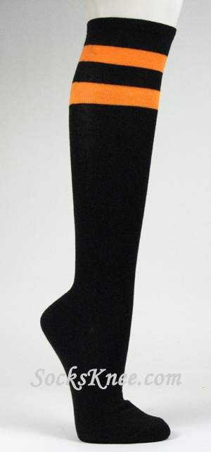 Orange Striped Black Knee High Socks for Women