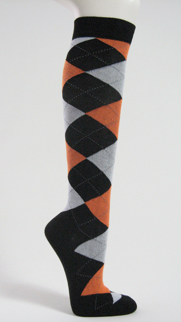 Orange grey black argyle knee socks