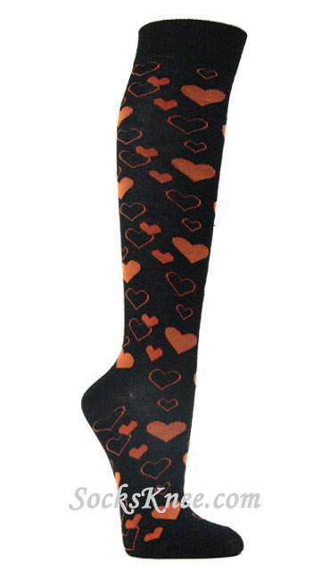 Orange hearts pattern Black Knee Socks for Women