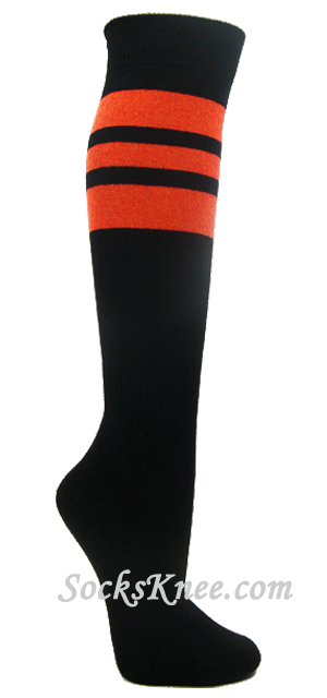 Orange Stripes on Black Cotton Knee Socks for Sports