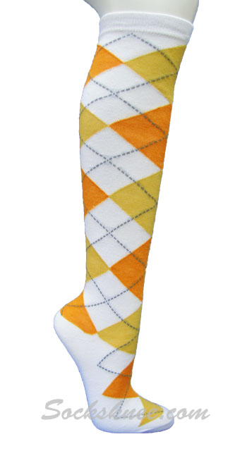 White and Orange Argyle throughout Knee Socks