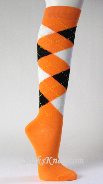 Orange with Black and White Argyle knee socks for Women