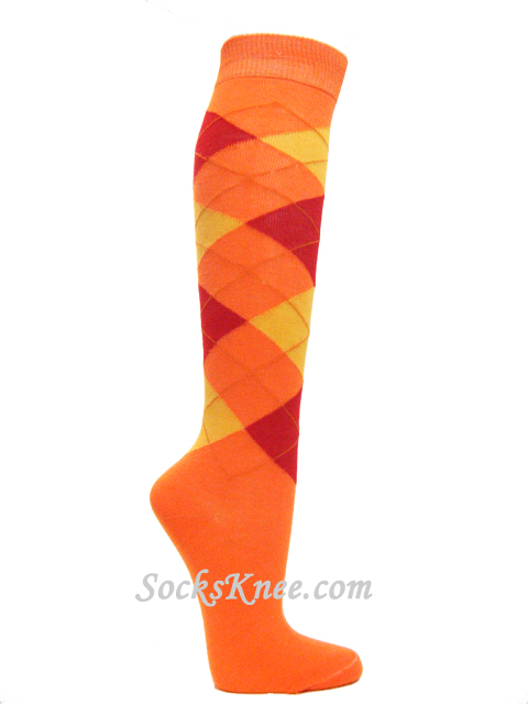 Orange with yellow red Argyle knee socks