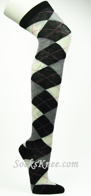 Black Light Gray Cream Over the Knee Argyle Socks - Click Image to Close