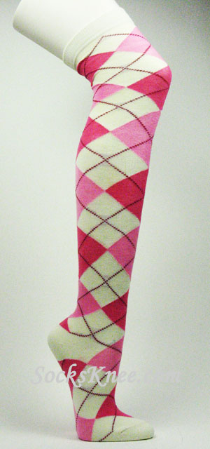 Cream Hotpink Pink Red Over Knee Argyle Socks - Click Image to Close